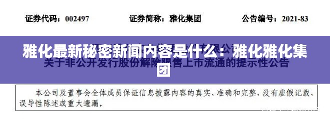 雅化最新秘密新闻内容是什么：雅化雅化集团 