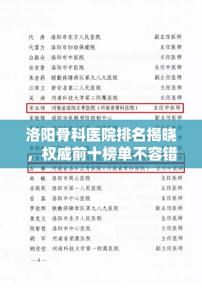 洛阳骨科医院排名揭晓，权威前十榜单不容错过！